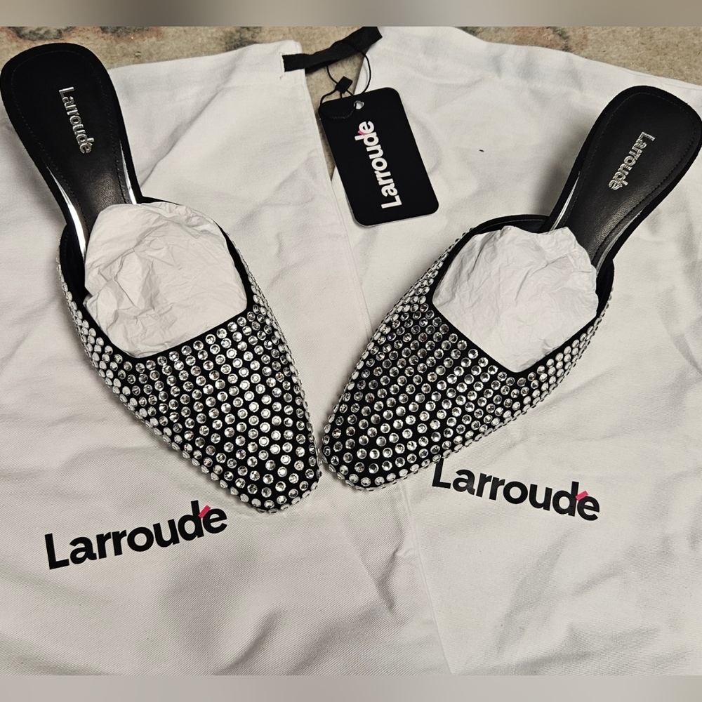 NEW Larroude Amal Crystal Mule In Black Suede